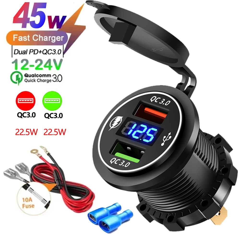 2/3/4 Portas PD QC 3.0 USB Carregador De Carro Com Voltímetro Tomada Adaptador De Energia À Prova Dwaterproof Água Para