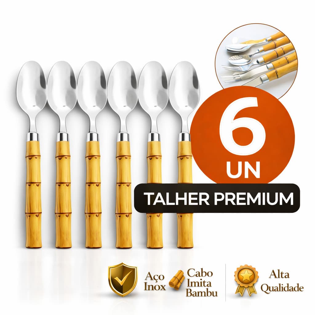 KIT COM SEIS COLHER DE MESA EM ACO INOX CABO BAMBU IMITANDO MADEIRA -envio imediato