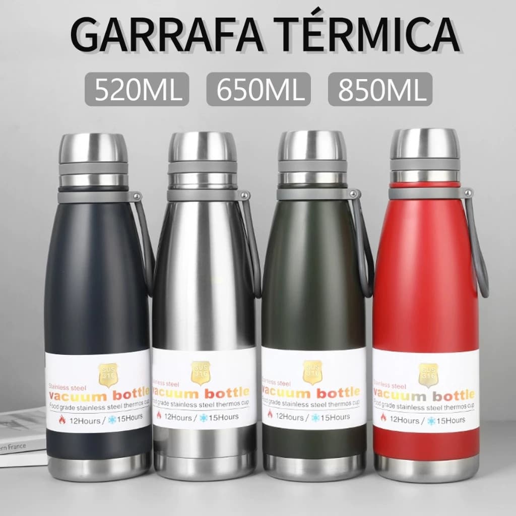 Garrafa Inox Térmica Quente Ou Frio 520ml 650ml 850ml Academia Caminhada Squeeze Diversas Cores - H-22-23 -24