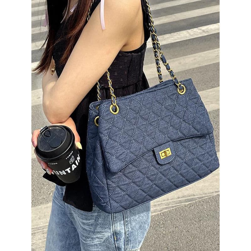 Losango bolsa jeans de grande capacidade feminina 2025 Super quente All-Match corrente Cross-Body saco Commuter bolsa de
