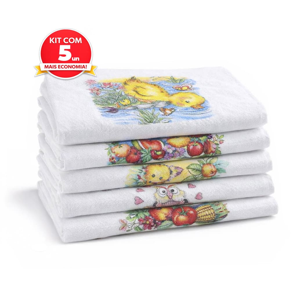 Kit 5 Pano de Prato 100% Algodão Estampados com Bainha Reforçada