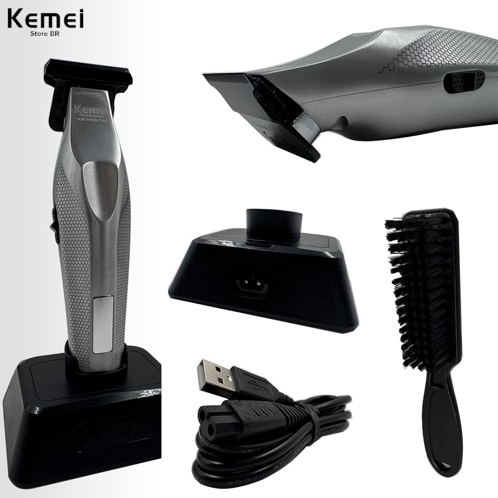 Máquina de Corta Kemei KM3023-702 C/base visor digital 5W Bivolt Sem fio aparador de barba e cabelo