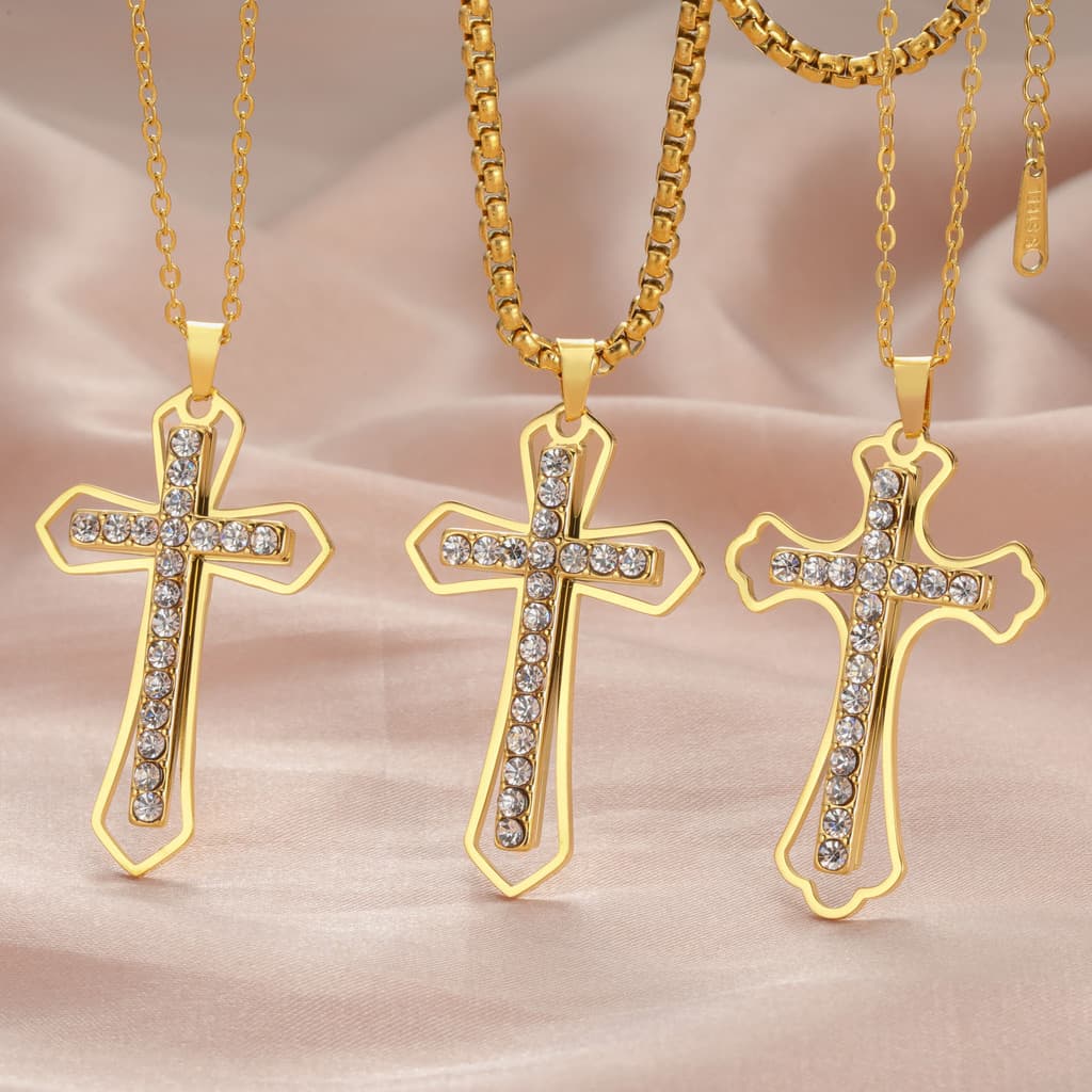 Pingente de cruz em aço inoxidável com diamantes, pingente de aço titânio estilo hip-hop com diamantes, joia da moda.