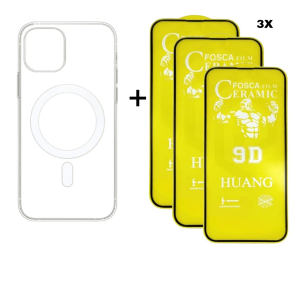 Kit 4em1 Capa MagSafe + 3X Película Cerâmica Fosca Para iPhone 11 12 13 14 15 16 Pro Max - KaLRo
