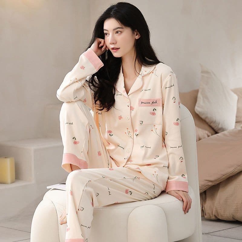 Processamento 100% conjunto completo pijamas feminino primavera outono Plus Size manga longa exterior Wear versão corean