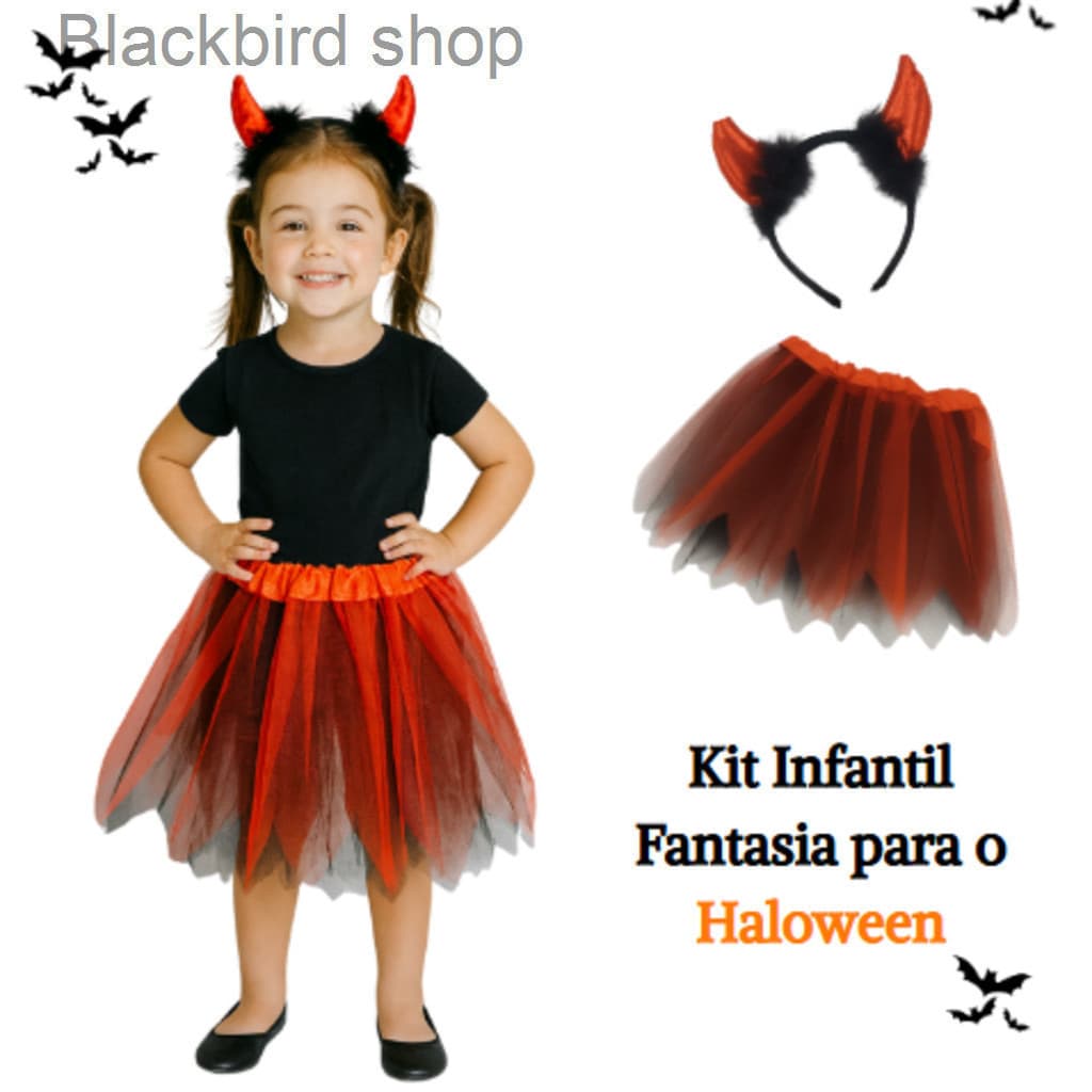 (V)Fantasia Infantil Halloween – Saia de Tule Vermelha & Preta + Tiara de ChifresQ53O