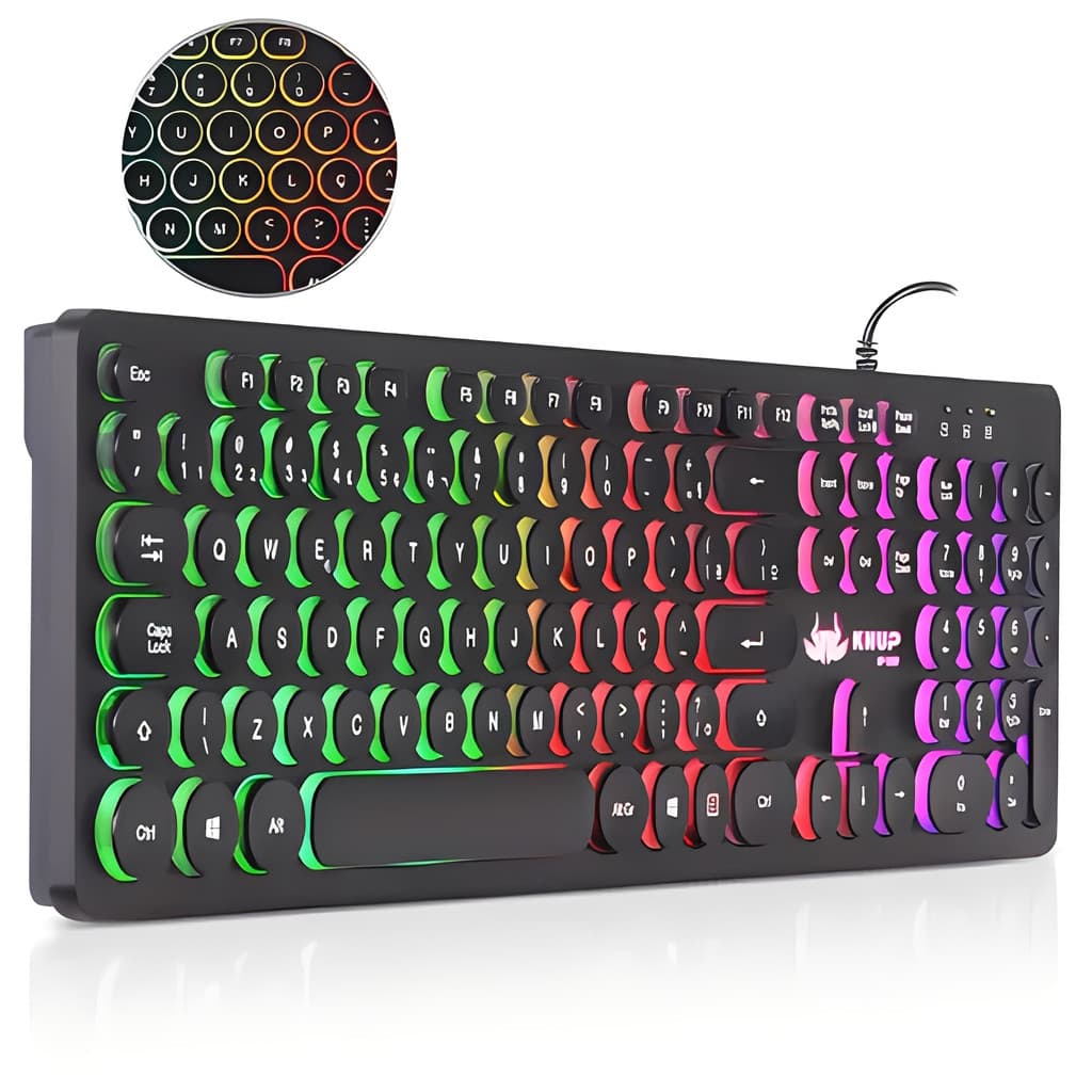 Teclado Gamer USB Com Fio com luz RGB 107 Teclas Gravadas a Laser em Formato Arredondado ABNT2 Para Windows Linux e Mac