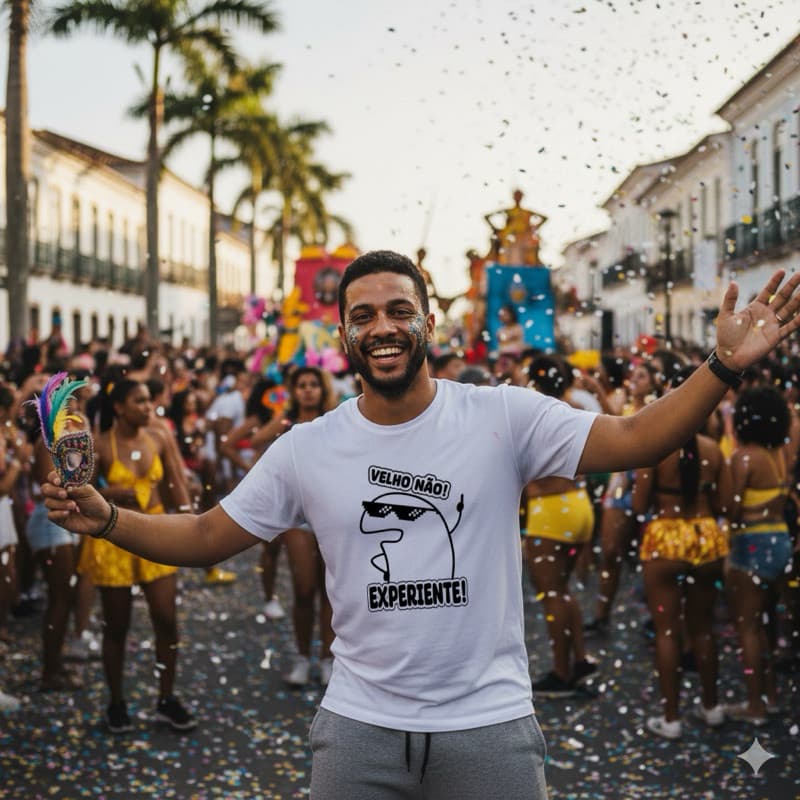 Camiseta Carnaval Flork Velho Não Experiente Meme Bloco Fantasia Engraçada 100% Algodão Unissex P ao G3 Plus Size Branca
