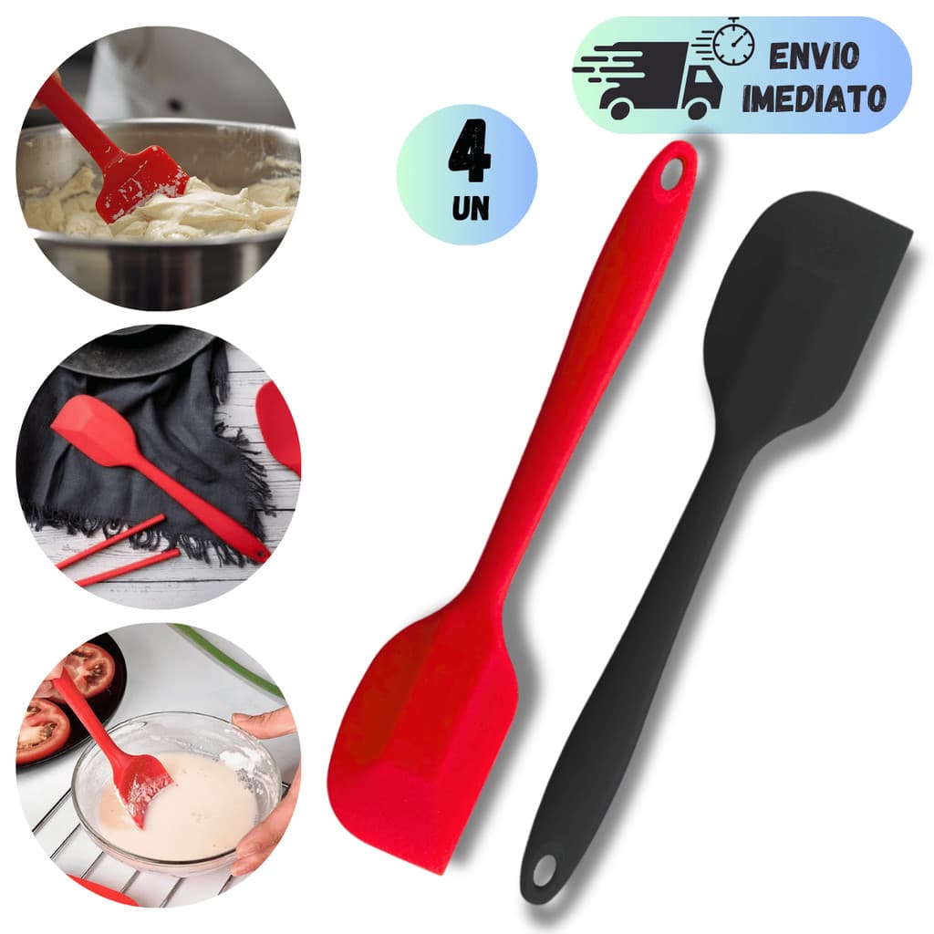 KIT 2 OU 4 ESPATULA PREMIUM SILICONE RETA PÃO DURO RASPADORA  27CM VERMELHA E PRETO