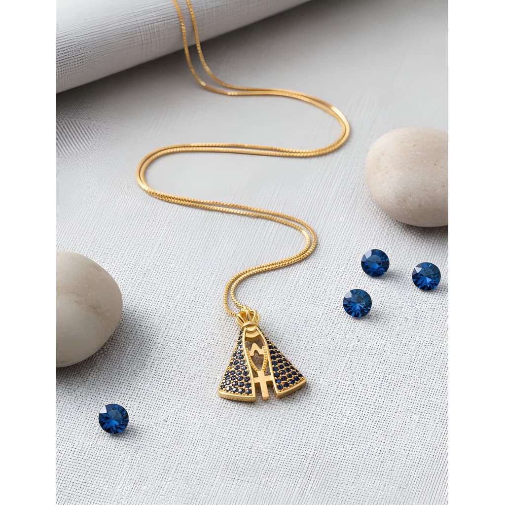 Colar Feminino Nossa Senhora Aparecida 50cm Folheado Ouro Pingente Cravejado  Fé Religioso, Ideal Devoção e Dia das Mães