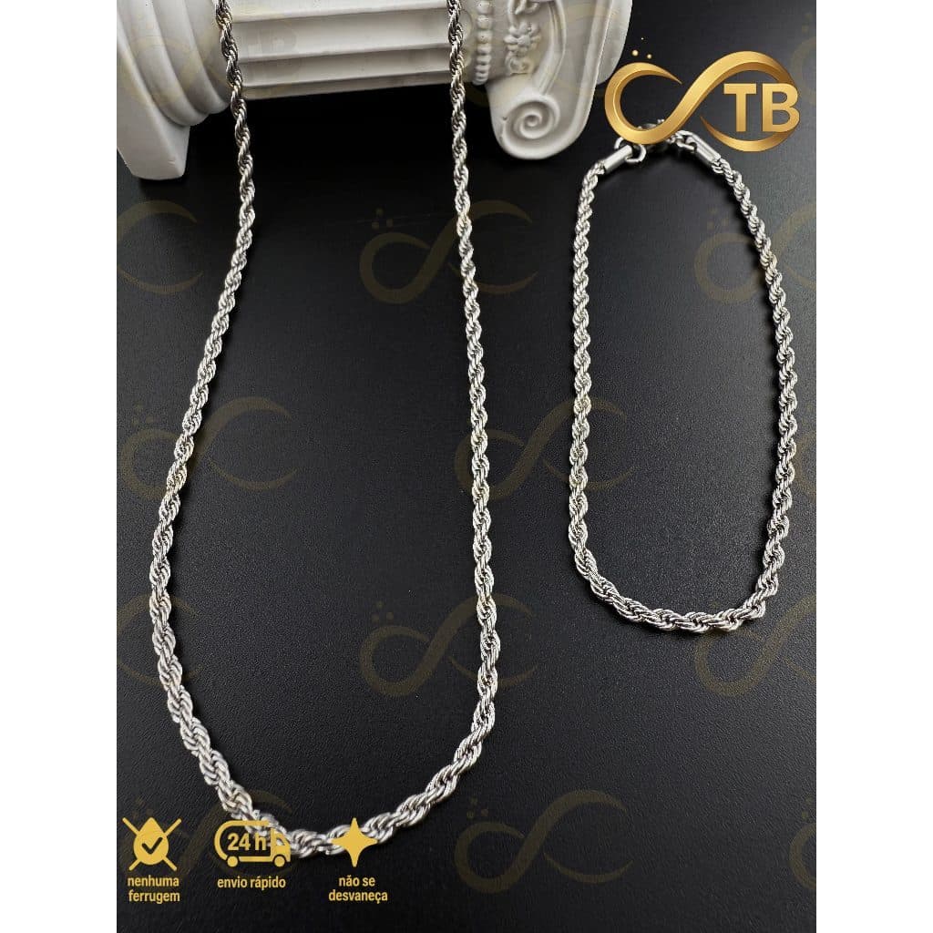 TB  Kit Corrente Pulseira Trançada Baiana em Aço Inoxi Banhado Prata 925 Masculina/Feminina