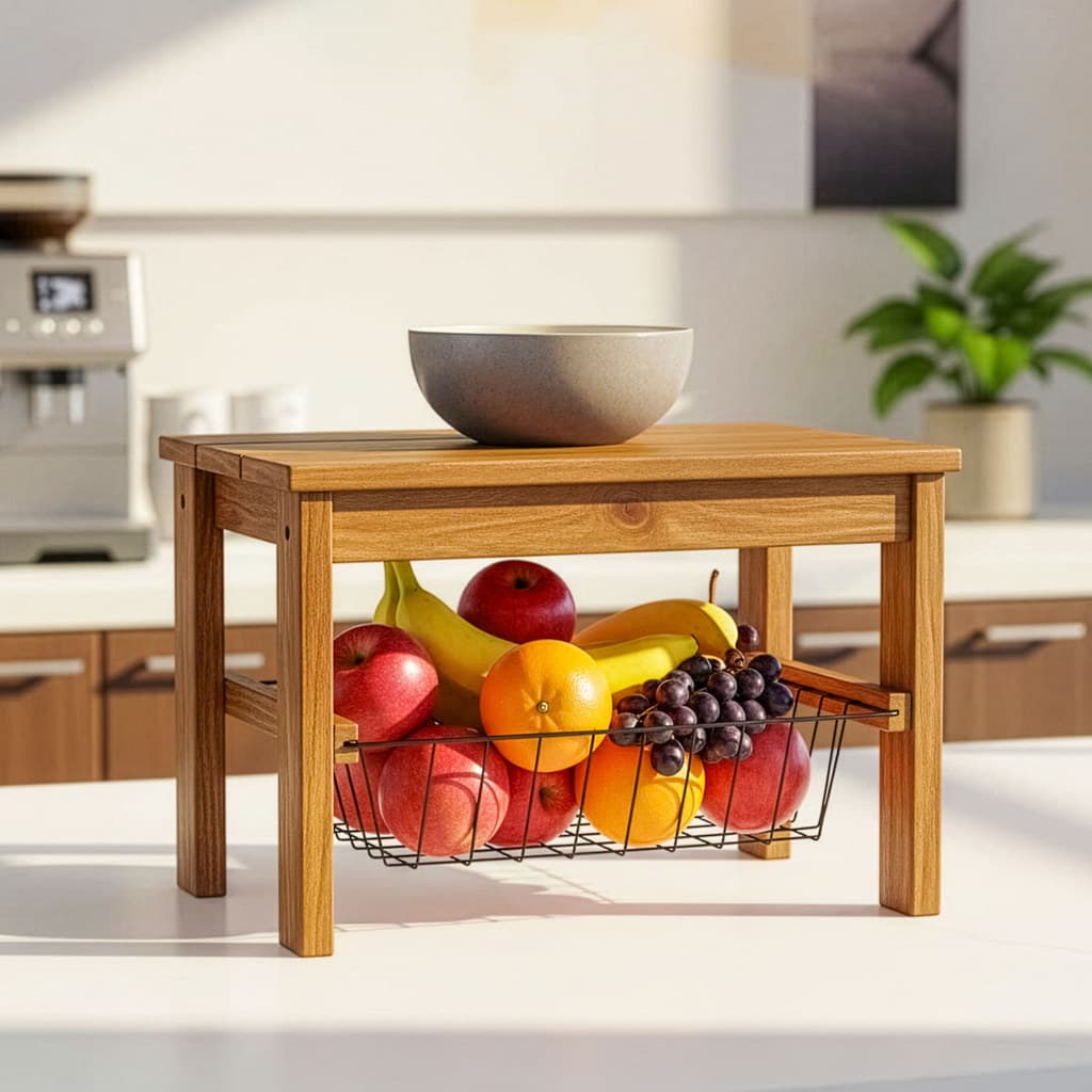 Fruteira Compacta de Madeira Pinus com Cesto Removível de Aço – Suporte para Galão de Água