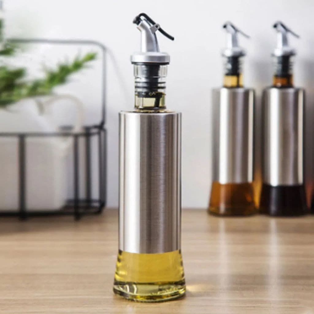 Kit 2 Galheteiro De Garrafa De Vidro De 200ml Com Bico Doseador Vinagre De Azeite Oleo Shoyu Aço Inoxidável