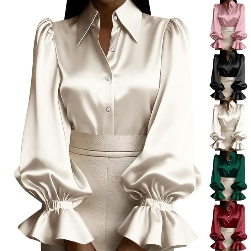 lead Blusa Feminina De Cetim Com Gola Frontal , Manga Bufante , Babados , Punho Flare , Elegante , Escritório , Trabalho