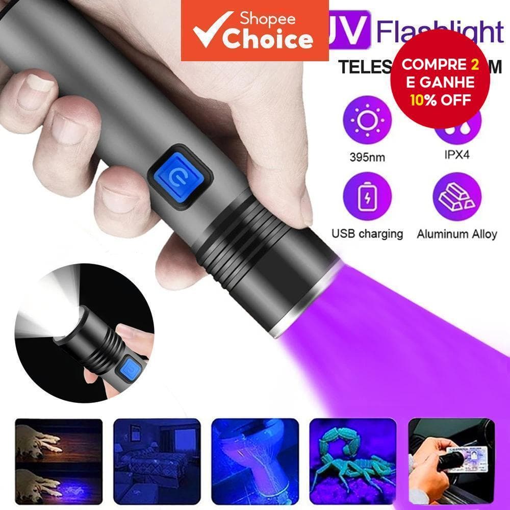 Lanterna UV de 365nm com zoom, ideal para detecção de urina de pets e iluminação para cura.