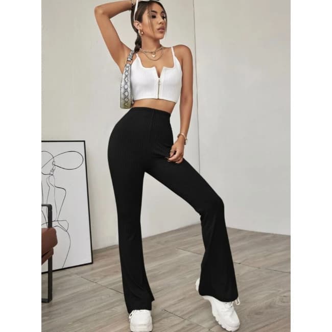 Calça feminina flare canelada bailarina cintura alta elástica justa elegante confortável moderna básica moda casual e ur
