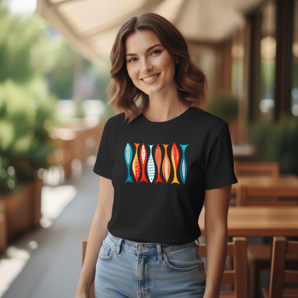 Camiseta Feminina Básica  Peixes Sardinhas Coloridas 100% Algodão Blusinha feminina Confortável e Moderna