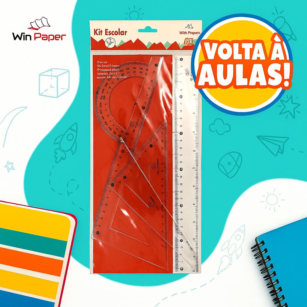 Kit Régua Esquadro Transferidor Escolar 04 Peças Win Paper