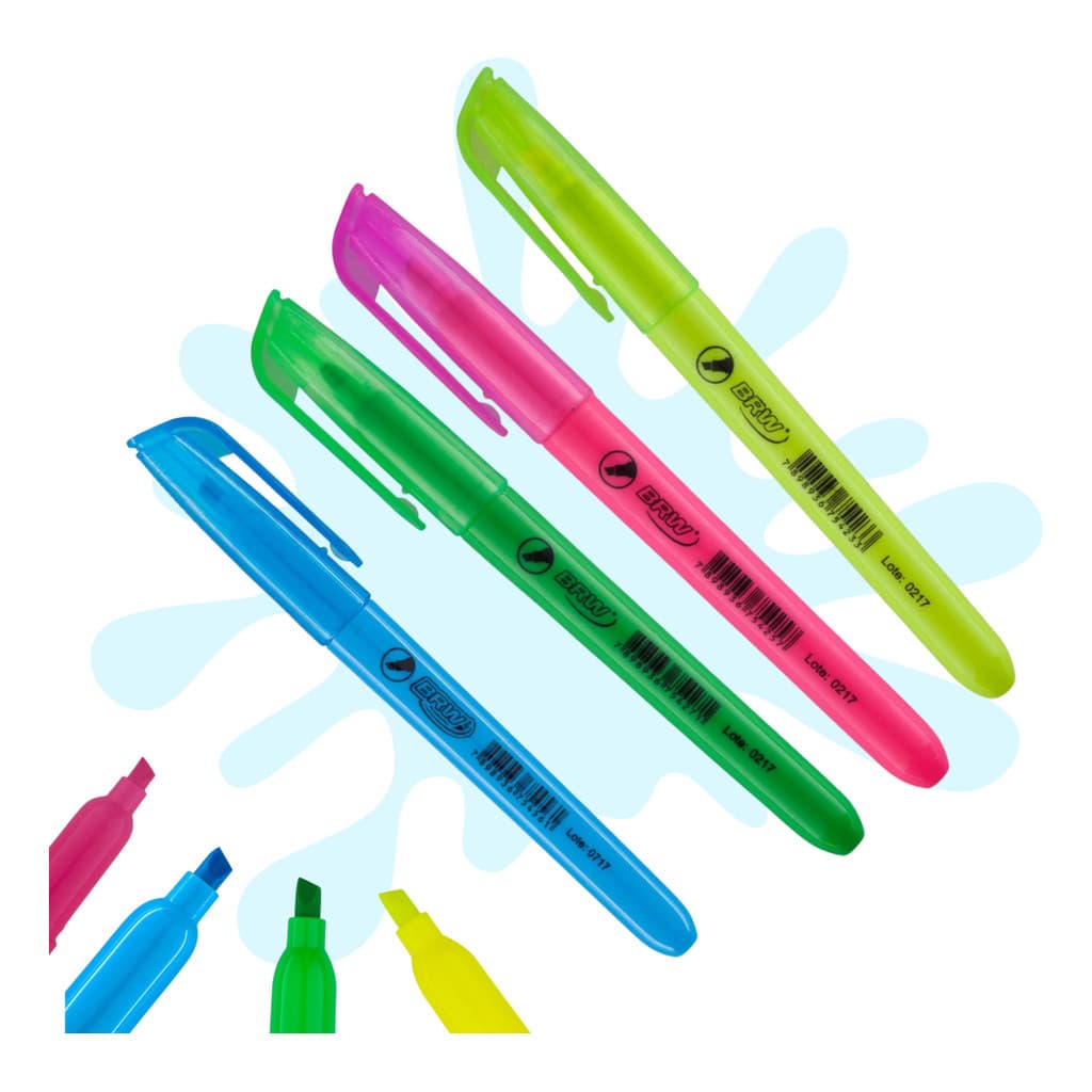 Marca Text  Fluorescente Neon Kit 4 Und Ponta Chanfrada -BRW Caneta Colorida