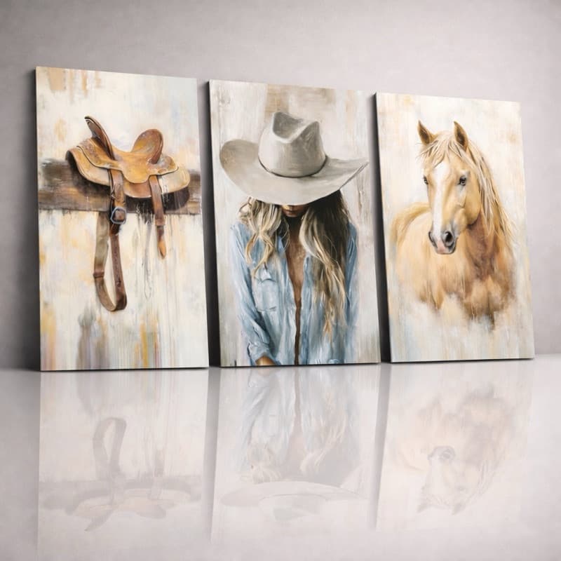 Kit 3 Quadros Decorativos Sertanejo Cowtry Mulher Boiadeira Cavalos Fazenda Quarto Sala Escritório