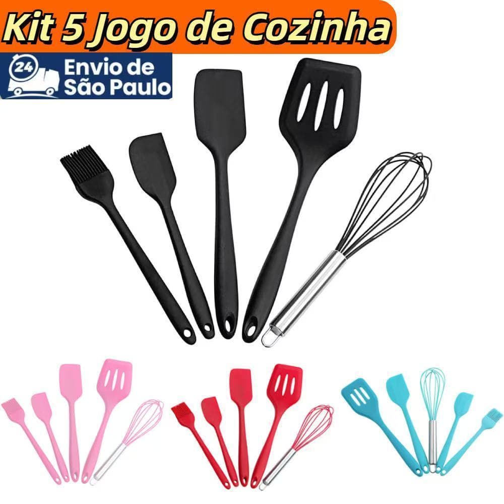 Conjunto Culinário De Silicone Confeitaria 5 Peças Fue Espátula Vazada Raspando Tudo Sem Desperdício Bivolt