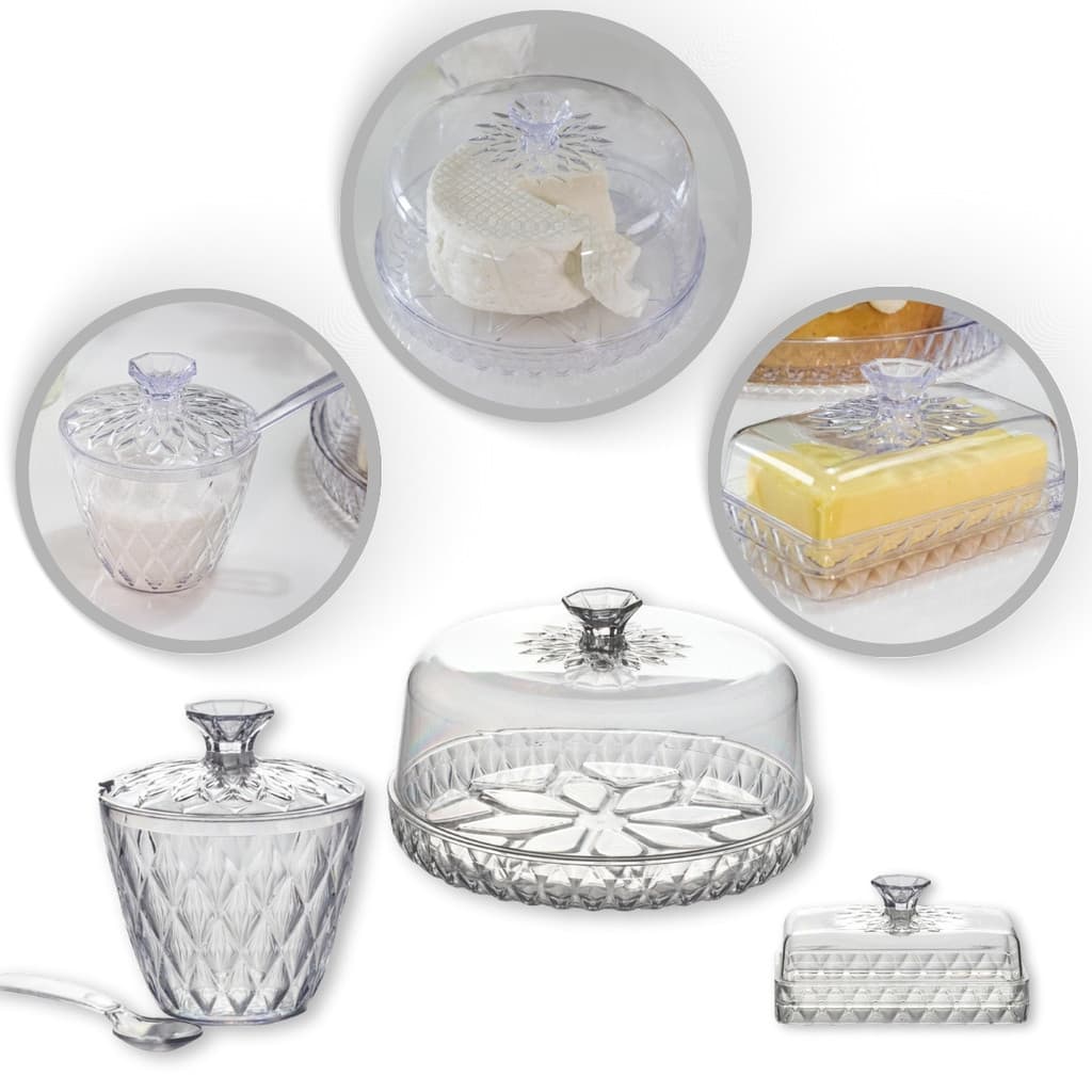 Kit 3 Pçs Acrílico Cristal Queijeira Açucareiro Manteigueira Mesa Posta Refeições Glamour Cozinha