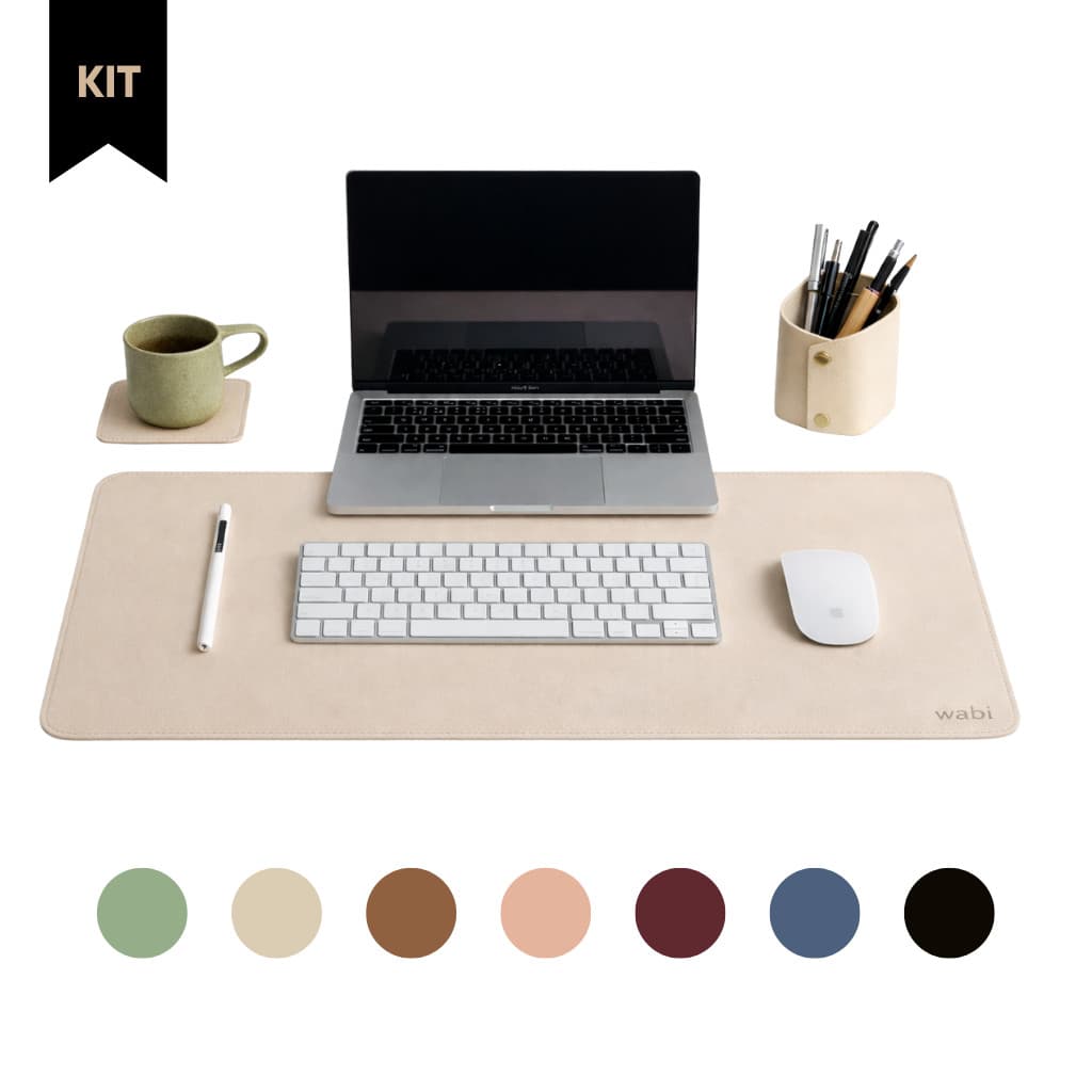 Kit Mousepad Deskpad Médio 70x30cm Premium em Couro Ecológico + Porta Copo e Porta Lápis | Deskpad