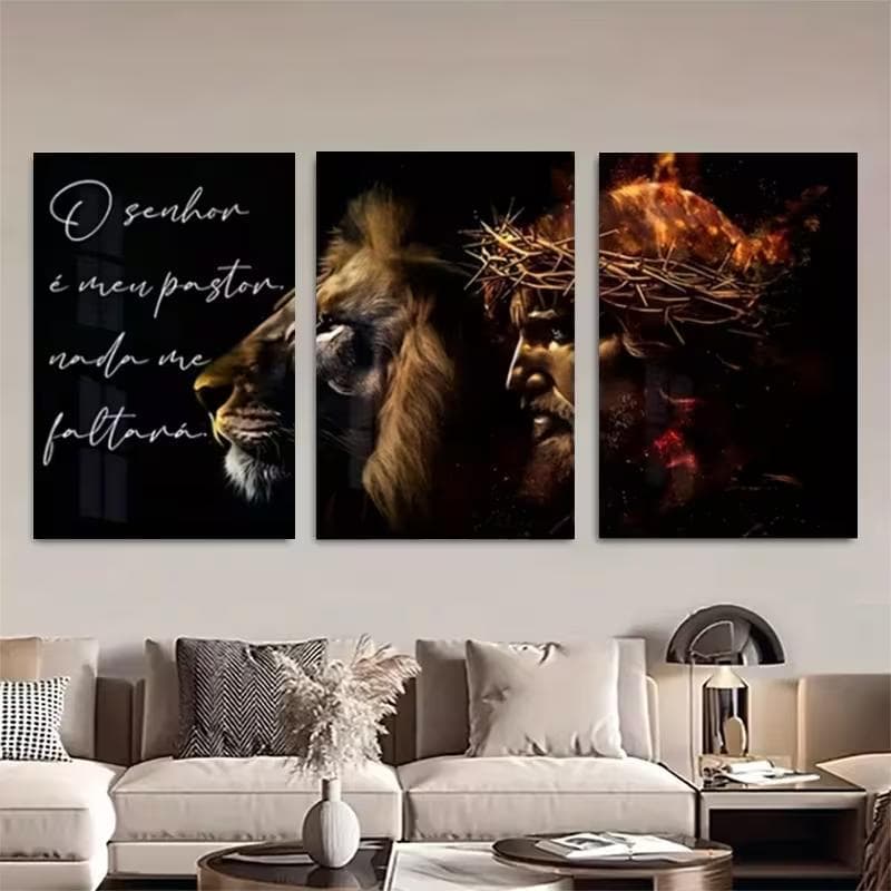 Quadro Decorativo Trio Leão, Jesus e Salmo 23 Cristão