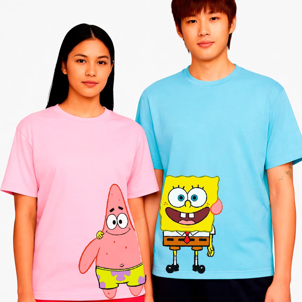 Kit Camiseta Camisa De Casal  Amigos Combinando Bob Esponja e Patrick Camisa 100% Algodão