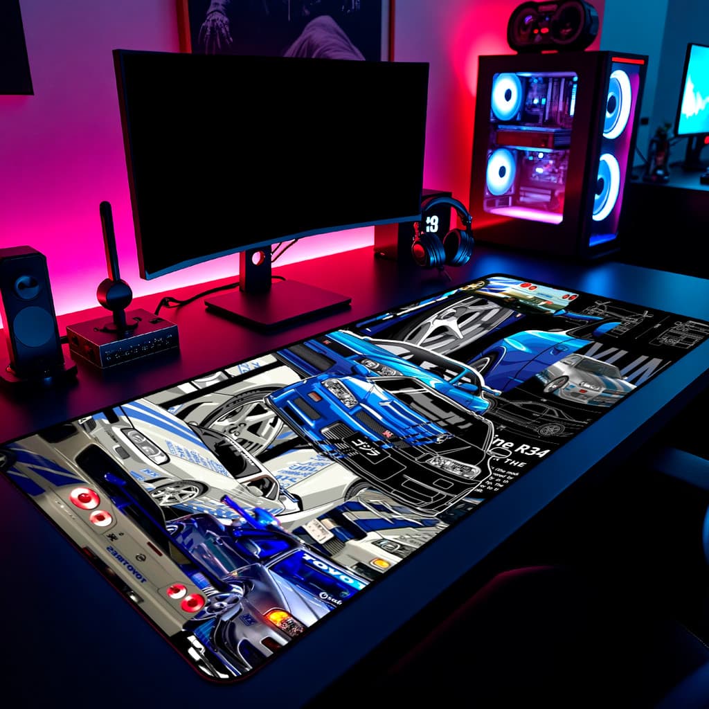Mouse Pad Carro Nissan Skyline R34 GTR Gamer 65x30cm / 80x40cm / 90x50cm / 120x60cm Borda Costurada
