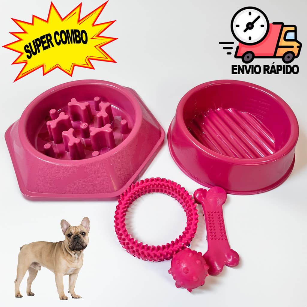 Comedouro Cachorro Grande Lento Pote + Bebedouro Cachorro + Kit Brinquedo Cachorro Mordedor Pet