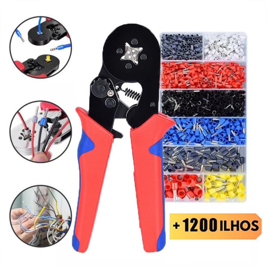 Kit Alicate de Crimpar Terminais Tubulares 1200 Terminais Ilhos Descascador 0,25 Até 10mm² voltikk
