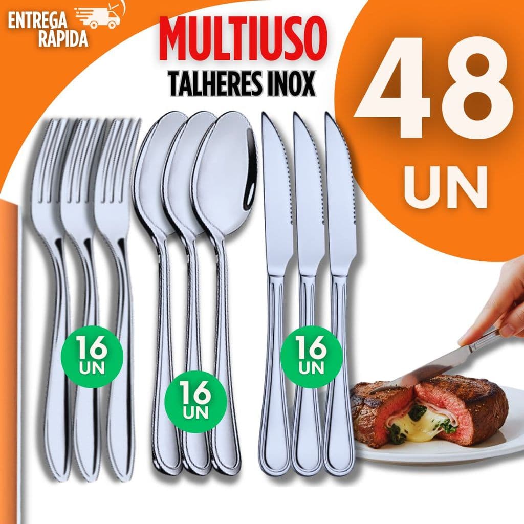 Combo 48 Talher Inox Resistente  16 facas 16 Garfos 16 Colheres Restaurante Casa Variáveis Multiuso