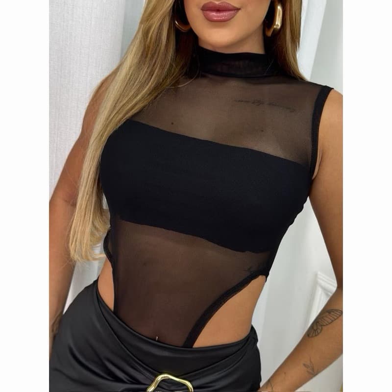 Body de Tule Feminino com Bojo Regata Moda Gringa Feminina Casual Balada Boho Transparência