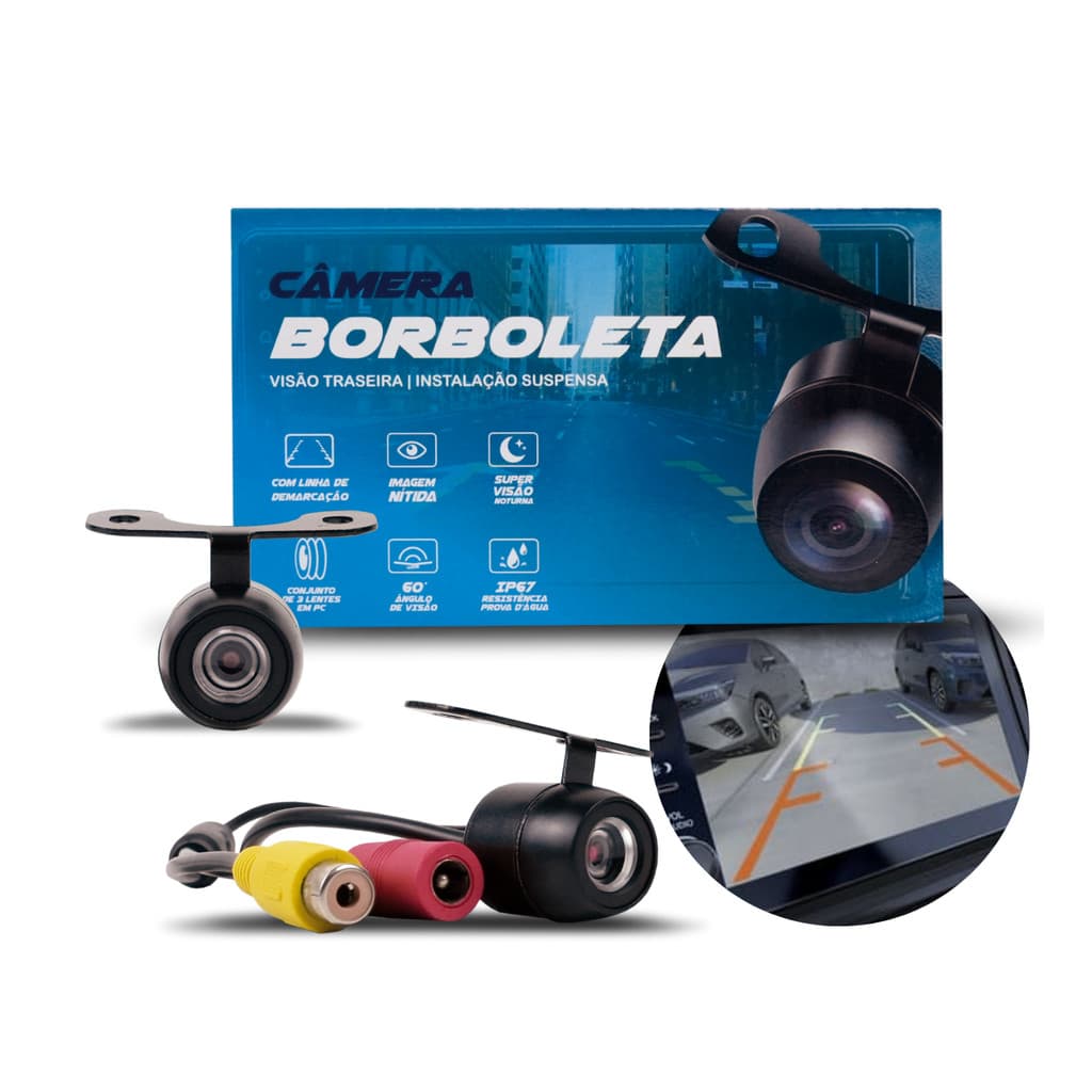 Câmera de Ré ou Frontal  2 X 1 Borboleta Universal M7 Ótima Visão Noturna 3 Camadas de Lente Vidro