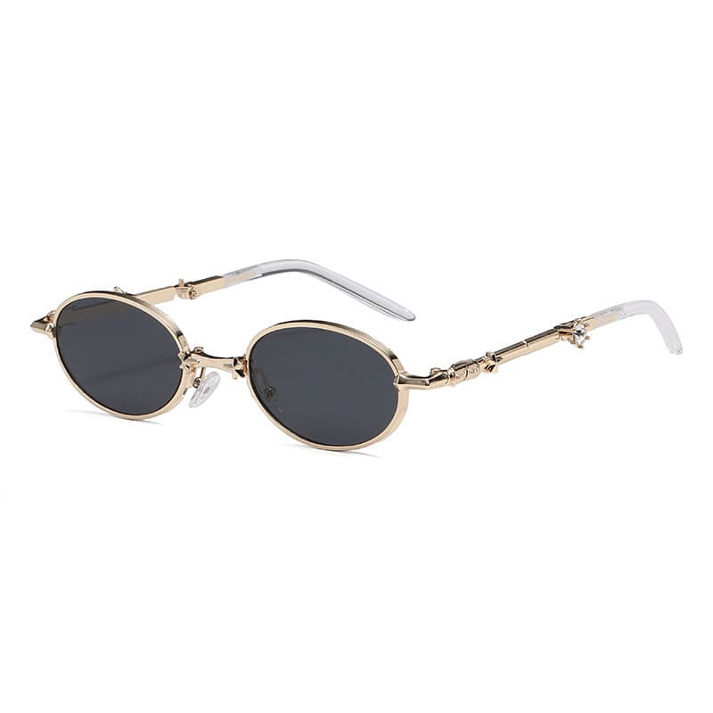 Óculos de Sol Ovais de Metal Dobráveis com Detalhes em Cristal, Óculos de Sol Fashion UV400 para Proteção em Viagens ao