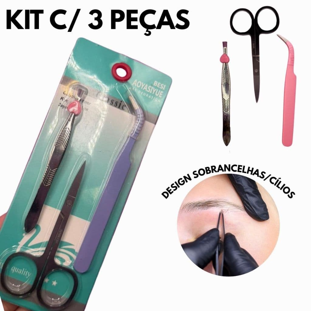 Kit 3 peças Tesoura Pinça Design Sobrancelha e Cílios Iniciantes Sobrancelhas Designer Iniciante no Brasil