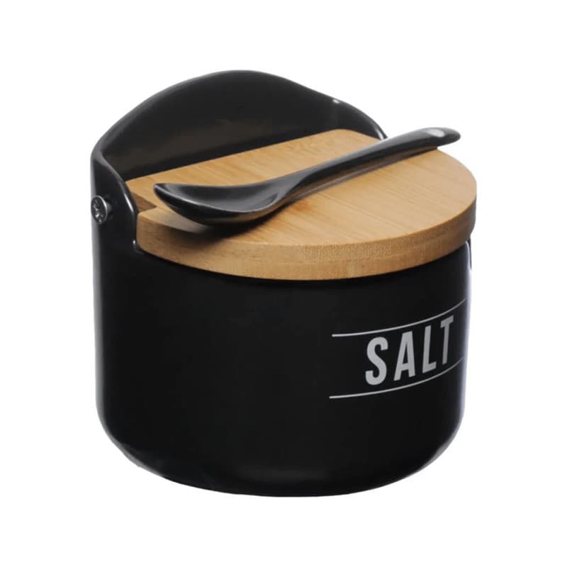 Saleiro De Porcelana Com Tampa De Bambu Porta Tempero Manhattan com Colher de Porcelana Premium