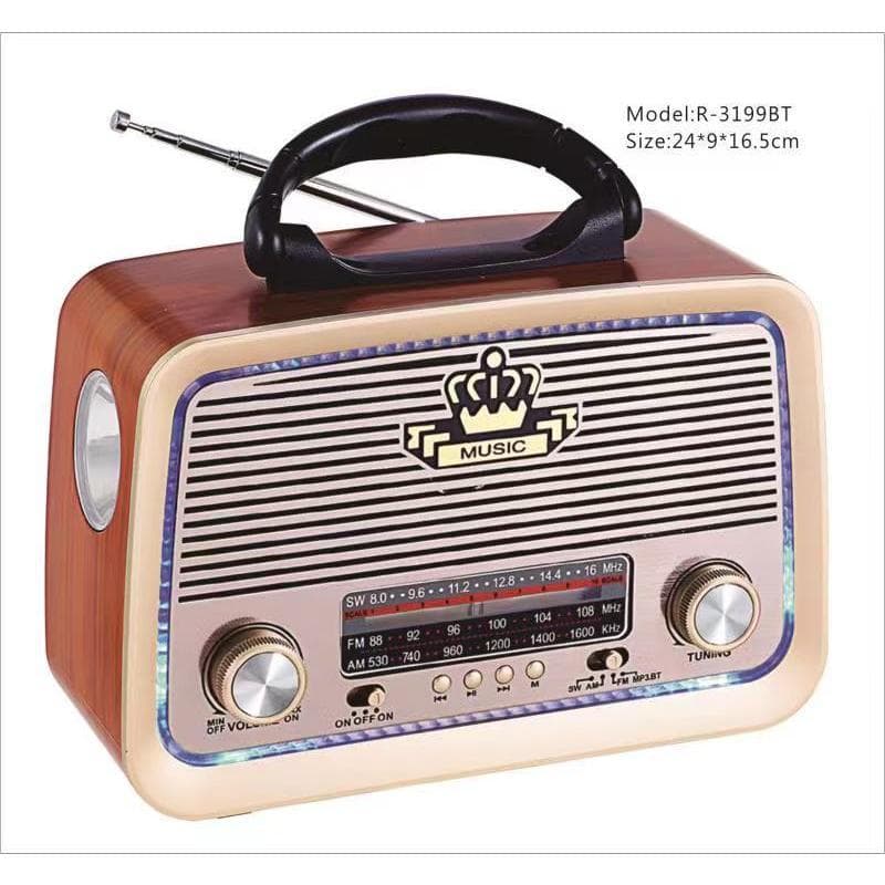Rádio Bluetooth Retro AD-3199 Bivolt Recarregável Com Lanterna USB MicroSD Saída Auxiliar E Som Poderoso