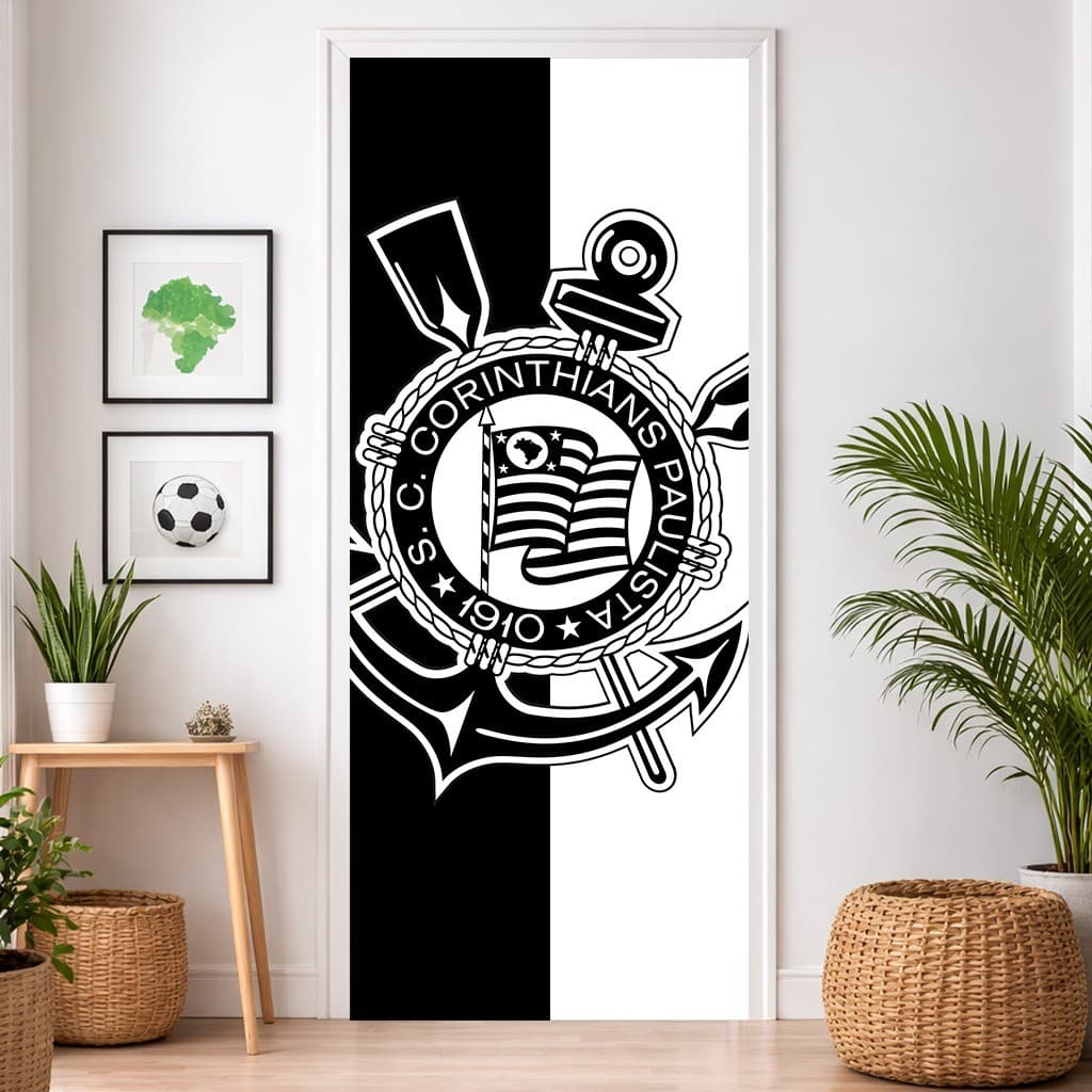 Capa Porta Tema Futebol Timão Falcão Branco Preto Decoração Quarto Sala