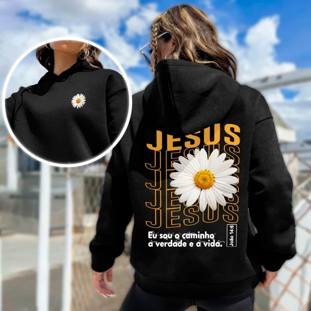 Moletom Feminino Jesus Com Flor E Versículo João 14:6 Diversas Cores P ao GG Promoção