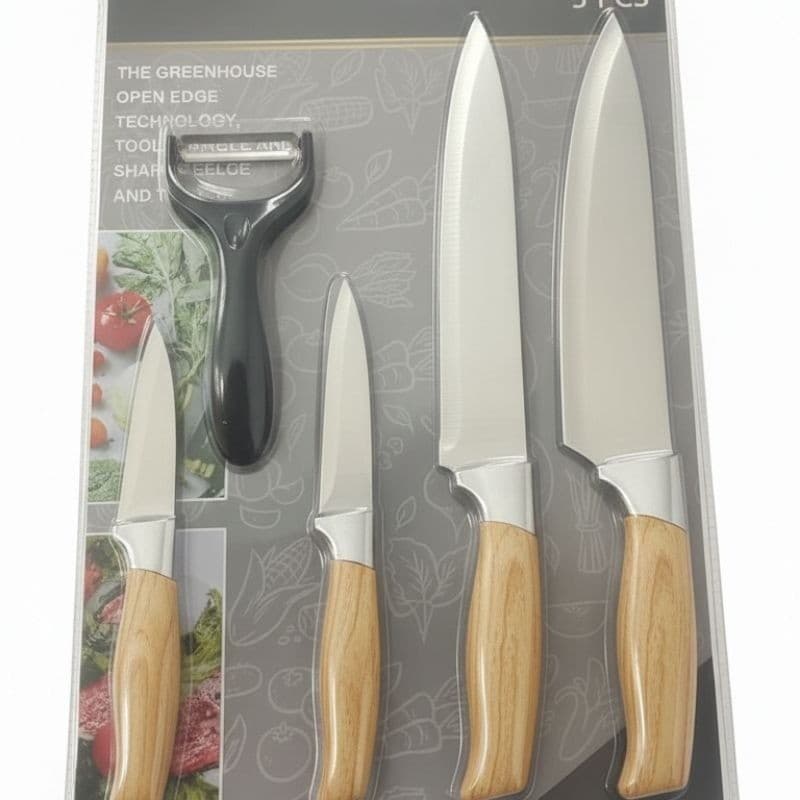 Jogo de Facas Cozinha Profissional 5 Peças Inox Antiaderente Cabo Amadeirado + Descascador Gourmet