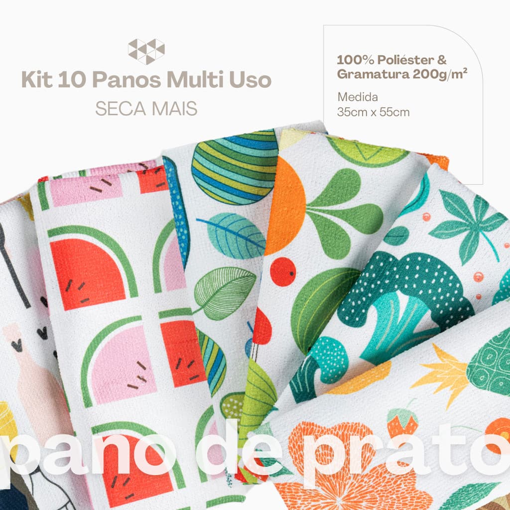 Kit 10 Pçs Pano de Copa Prato para Cozinha Seca Mais 35x55cm Estampado Gramatura de 200g/m²
