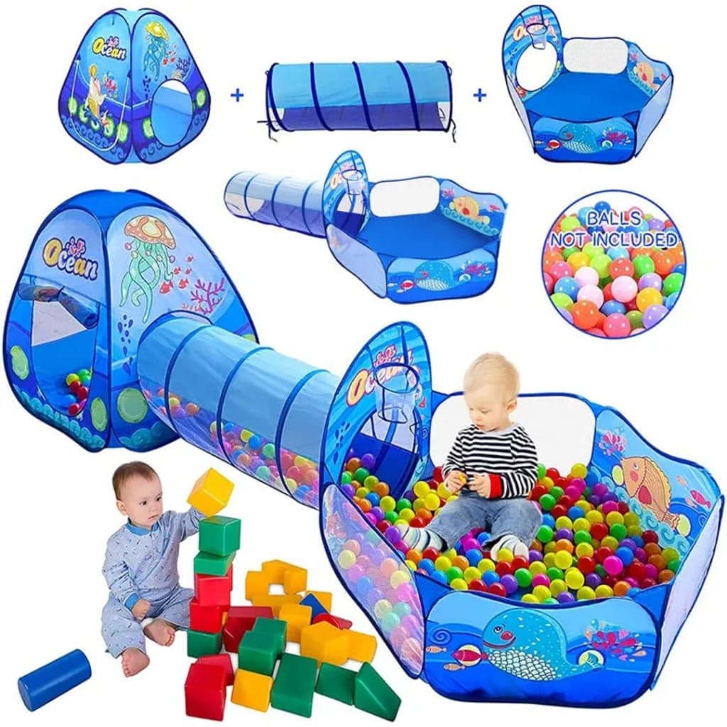 Barraca Infantil Aquário Com 100 Bolinhas Toca Tùnel Casinha Tenda Basquete 3 em 1 Azul