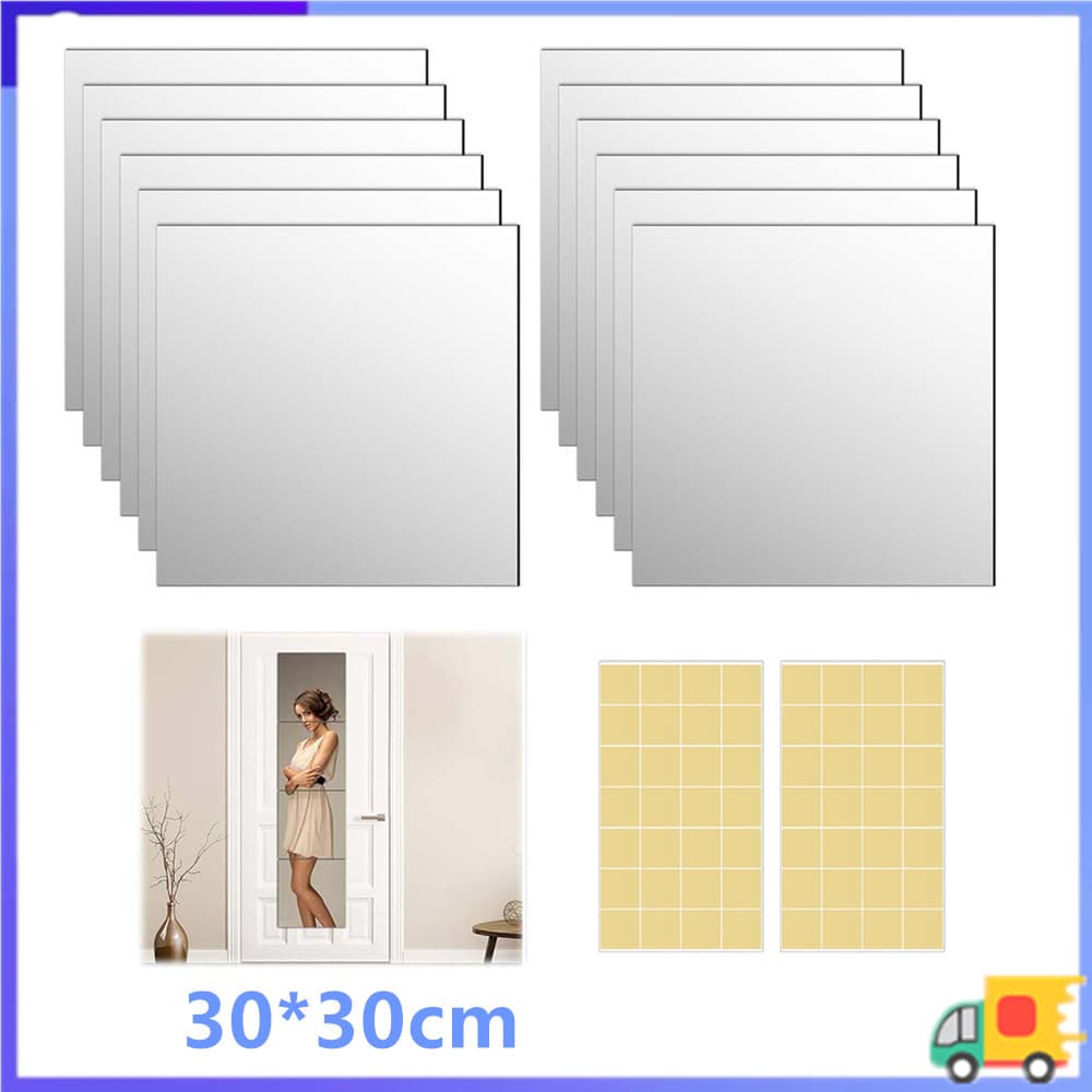 Tijolo de espelho de parede 30x30cm conjunto de 12 peças, espelho plástico reforçado autoadesivo com fita dupla face