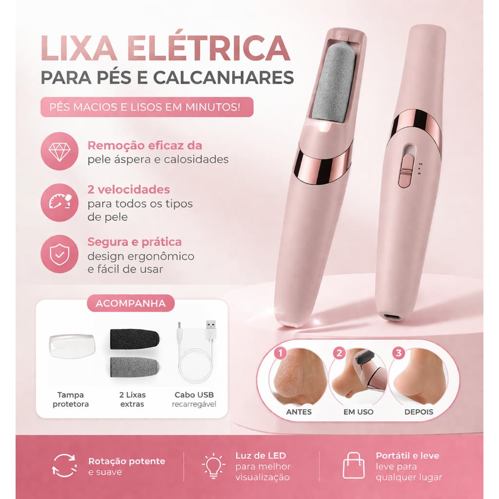Lixador de Pé Elétrico - Esfoliador Tira Calos Pedicure Portátil