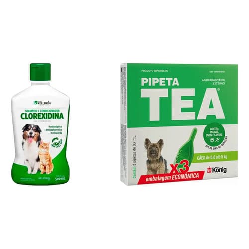 Antipulgas Konig Tea 3un 0,6-5kg Cães Gatos + Shampoo Clorexidina 5 Em 1 500ml Anti Pulgas Carrapatos Kit Tratamento