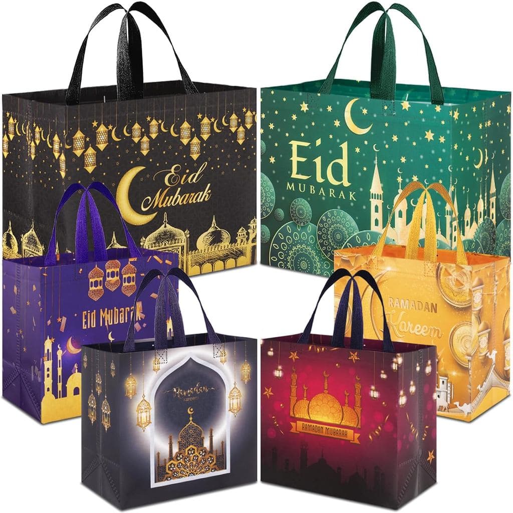 AhfuLife 6 Peças de Sacolas de Presente Eid Mubarak, 2 Tamanhos de Sacolas Eid com Alças, Sacolas para Festa de Ramadan,
