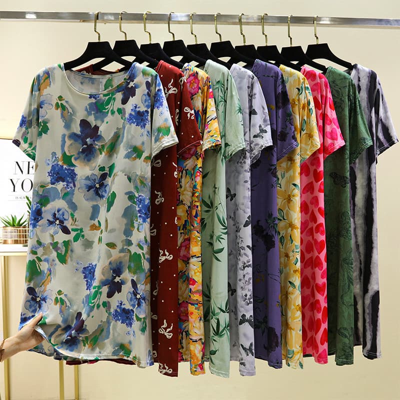 Pode usar fora das mulheres verão vestido de algodão Artificial casa saia fina camisola de manga curta meados de comprim