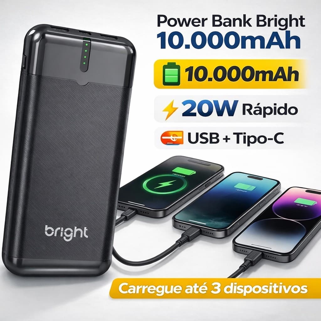 Carregador Portátil Power Bank Bright 10.000 mAh 20W Anatel Carregamento Rápido USB + Tipo C